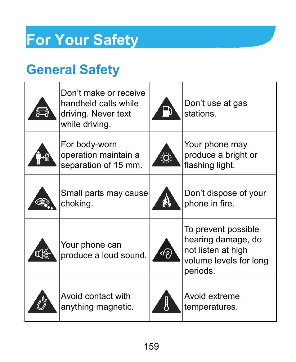 For your safety, General safety | ZTE Kis3 User Manual | Page 160 / 176
