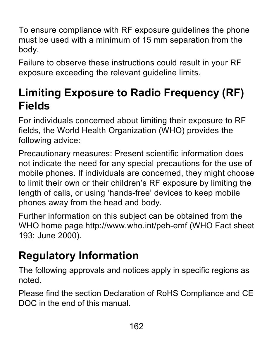 Limiting exposure to radio frequency (rf) fields, Regulatory information | ZTE Kis3 User Manual | Page 163 / 176