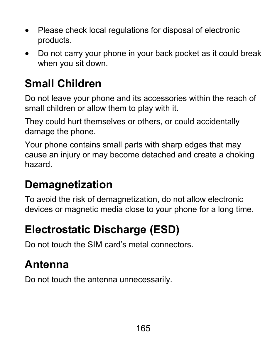 Small children, Demagnetization, Electrostatic discharge (esd) | Antenna | ZTE Kis3 User Manual | Page 166 / 176
