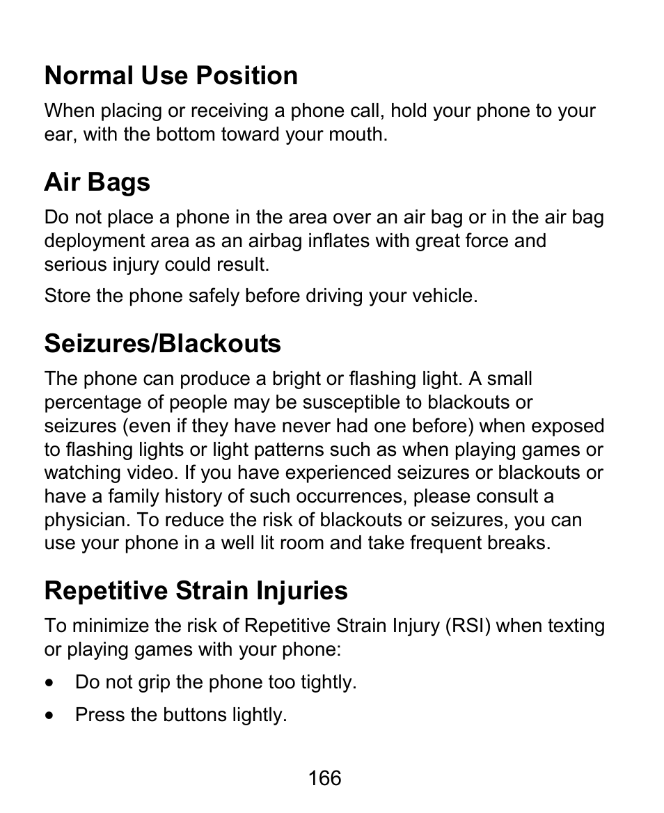 Normal use position, Air bags, Seizures/blackouts | Repetitive strain injuries | ZTE Kis3 User Manual | Page 167 / 176