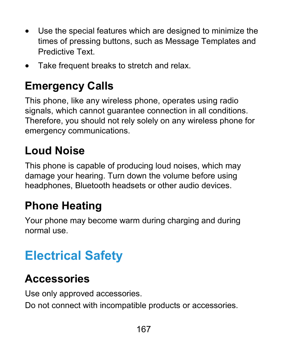 Electrical safety, Emergency calls, Loud noise | Phone heating, Accessories | ZTE Kis3 User Manual | Page 168 / 176