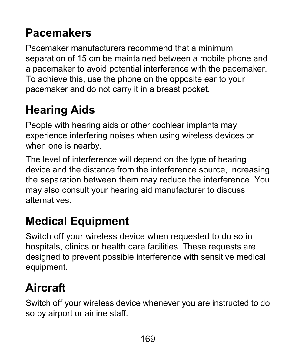 Pacemakers, Hearing aids, Medical equipment | Aircraft | ZTE Kis3 User Manual | Page 170 / 176