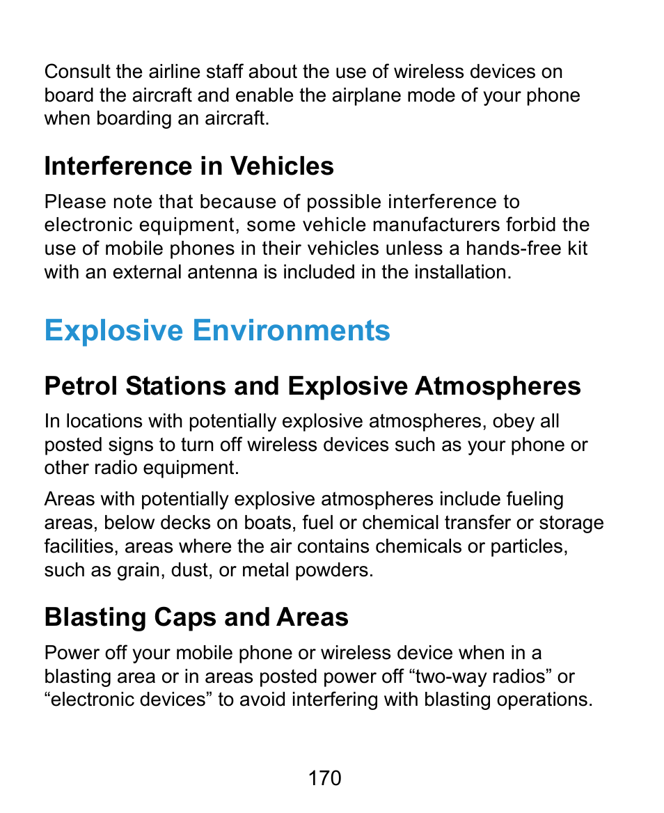 Explosive environments, Interference in vehicles, Petrol stations and explosive atmospheres | Blasting caps and areas | ZTE Kis3 User Manual | Page 171 / 176
