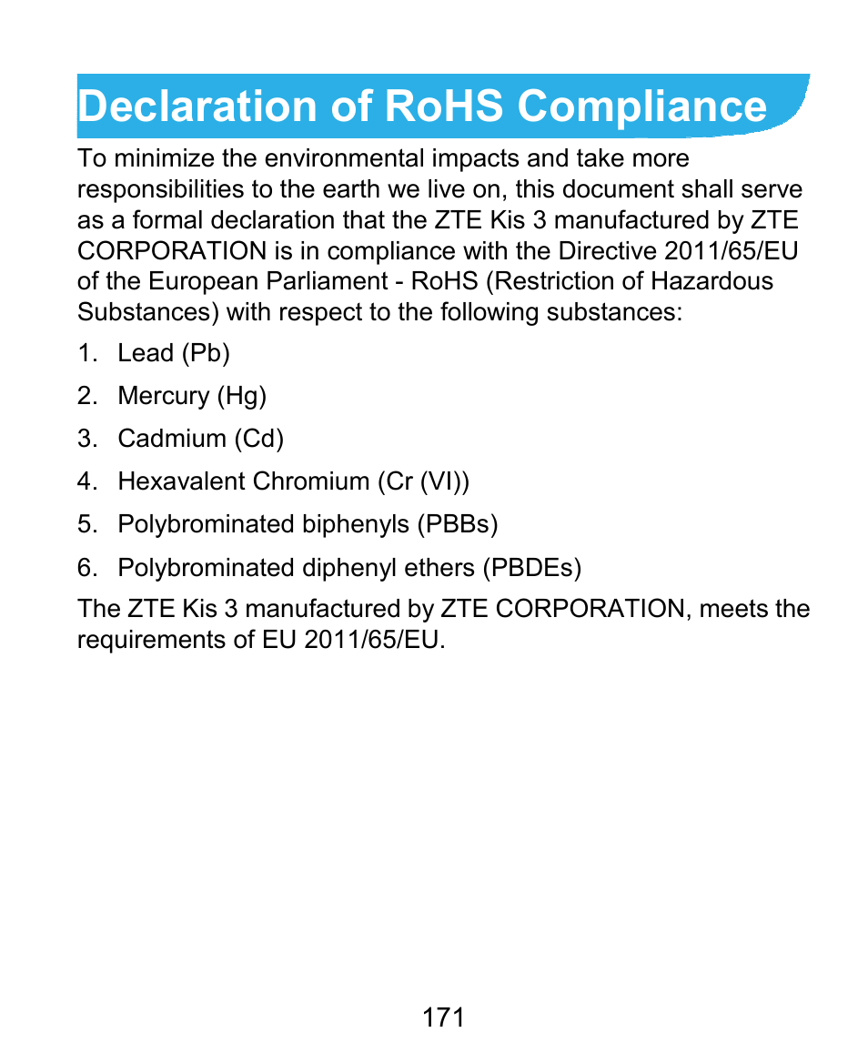 Declaration of rohs compliance | ZTE Kis3 User Manual | Page 172 / 176