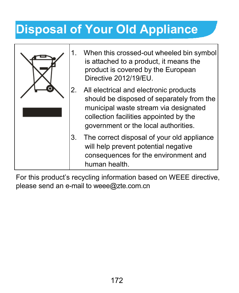 Disposal of your old appliance | ZTE Kis3 User Manual | Page 173 / 176