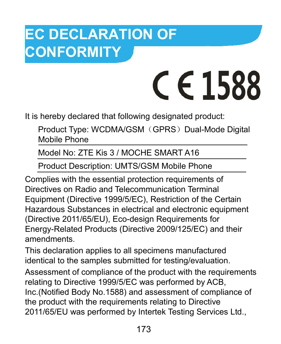 Ec declaration of conformity | ZTE Kis3 User Manual | Page 174 / 176