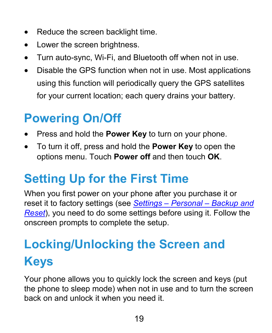 Powering on/off, Setting up for the first time, Locking/unlocking the screen and keys | ZTE Kis3 User Manual | Page 20 / 176