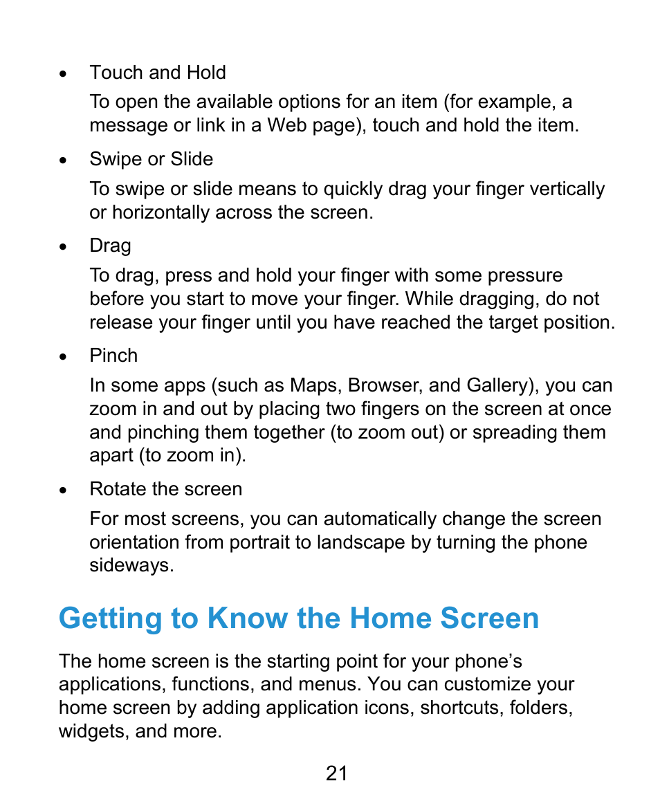 Getting to know the home screen | ZTE Kis3 User Manual | Page 22 / 176