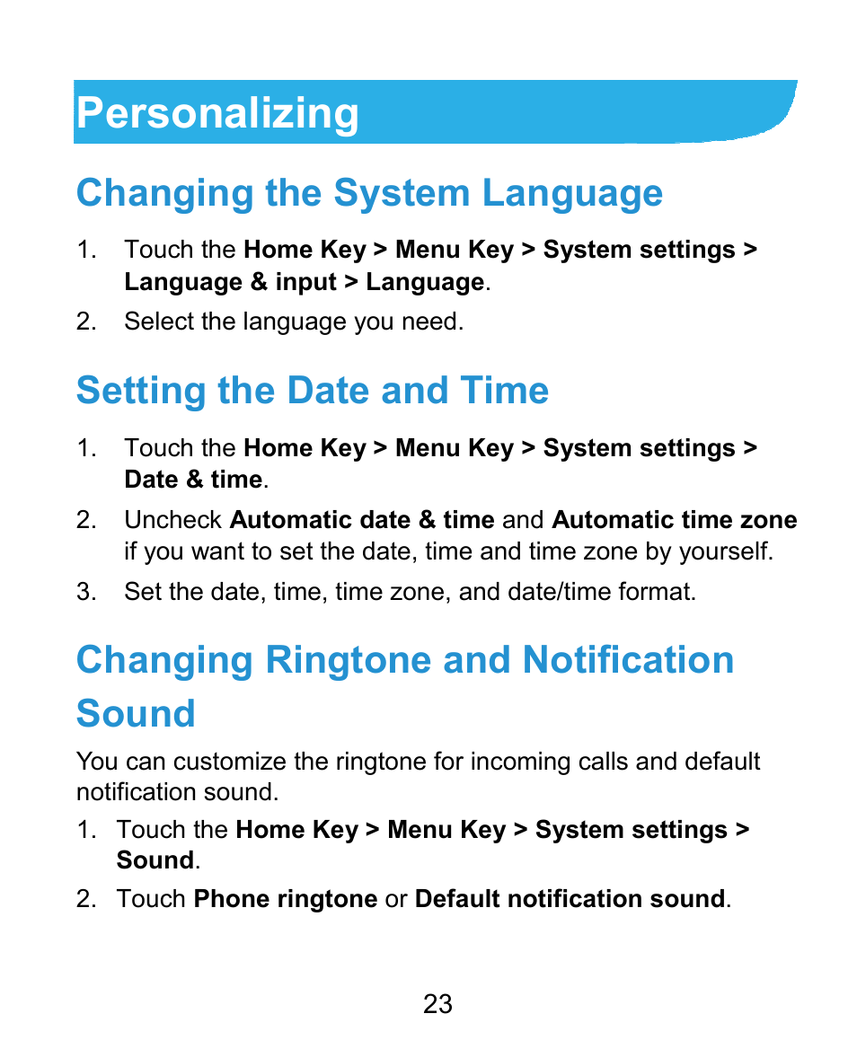 Personalizing, Changing the system language, Setting the date and time | Changing ringtone and notification sound | ZTE Kis3 User Manual | Page 24 / 176