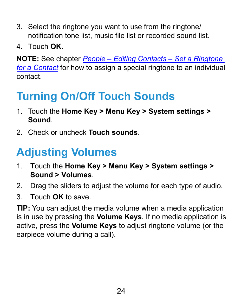 Turning on/off touch sounds, Adjusting volumes | ZTE Kis3 User Manual | Page 25 / 176