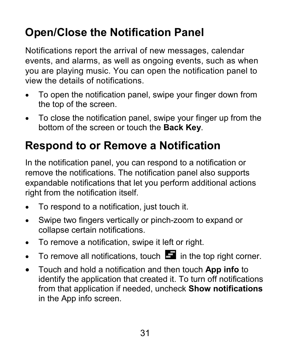 Open/close the notification panel, Respond to or remove a notification | ZTE Kis3 User Manual | Page 32 / 176