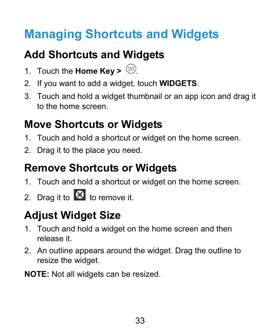 Managing shortcuts and widgets, Add shortcuts and widgets, Move shortcuts or widgets | Remove shortcuts or widgets, Adjust widget size | ZTE Kis3 User Manual | Page 34 / 176