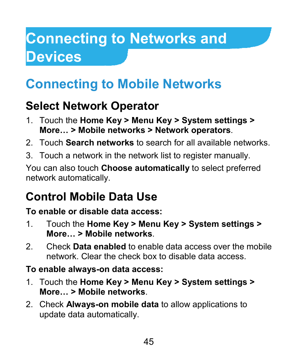 Connecting to networks and devices, Connecting to mobile networks, Select network operator | Control mobile data use | ZTE Kis3 User Manual | Page 46 / 176