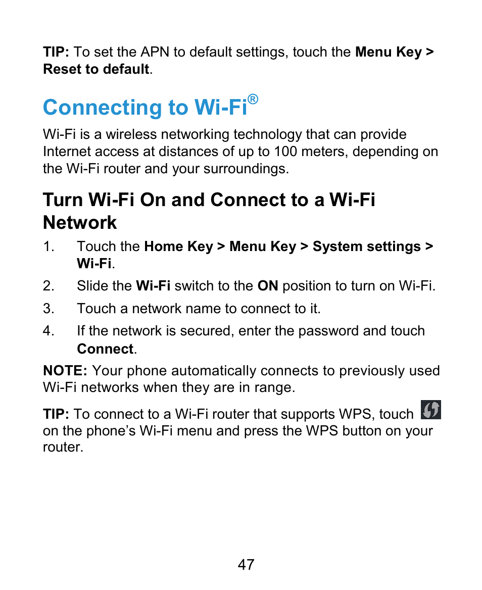 Connecting to wi-fi, Turn wi-fi on and connect to a wi-fi network | ZTE Kis3 User Manual | Page 48 / 176
