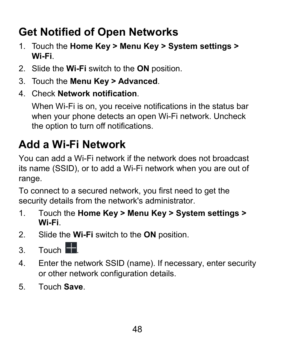 Get notified of open networks, Add a wi-fi network | ZTE Kis3 User Manual | Page 49 / 176