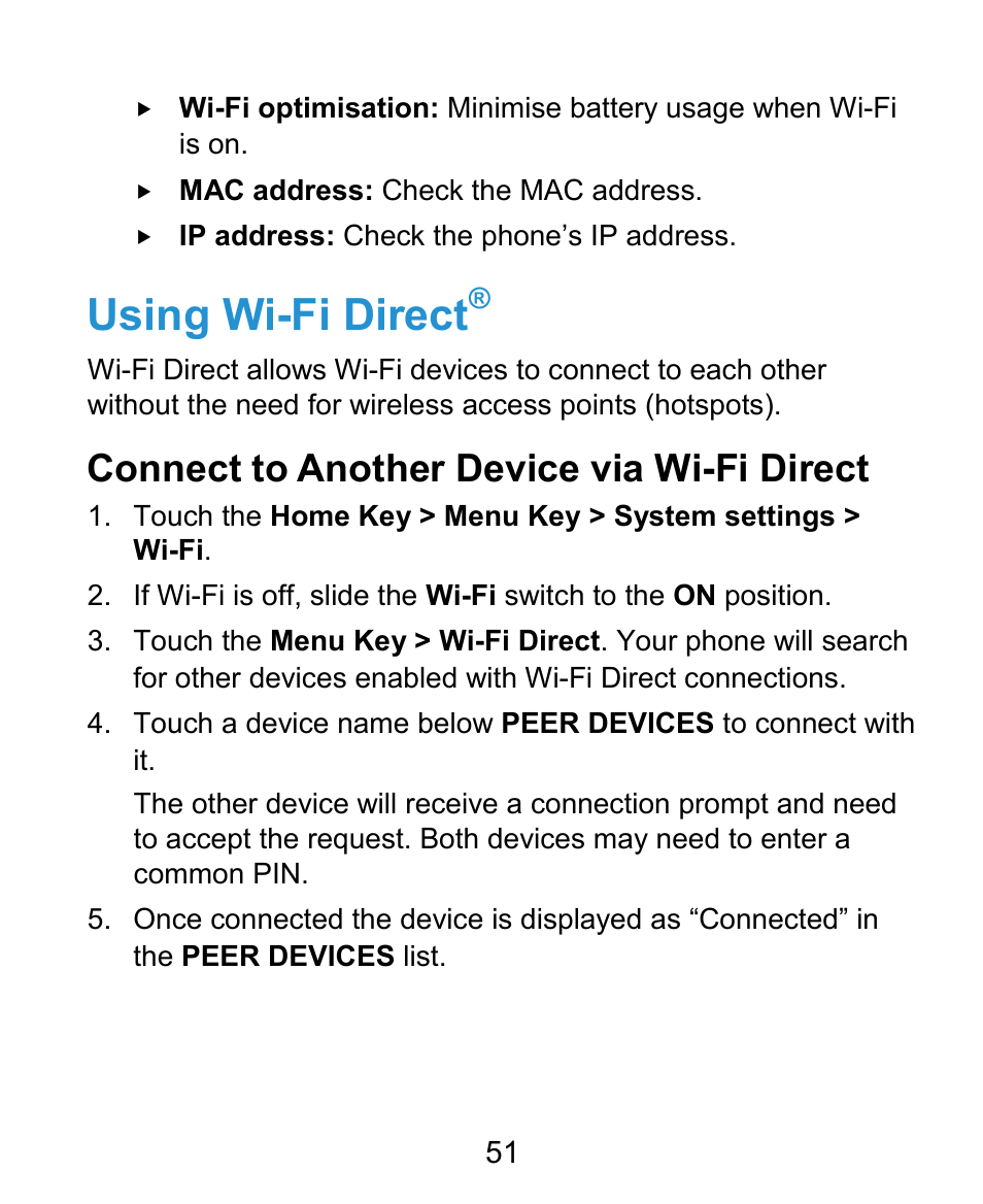 Using wi-fi direct, Connect to another device via wi-fi direct | ZTE Kis3 User Manual | Page 52 / 176