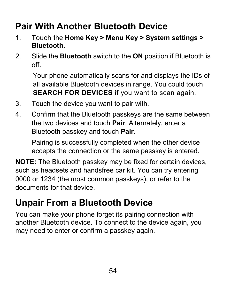 Pair with another bluetooth device, Unpair from a bluetooth device | ZTE Kis3 User Manual | Page 55 / 176