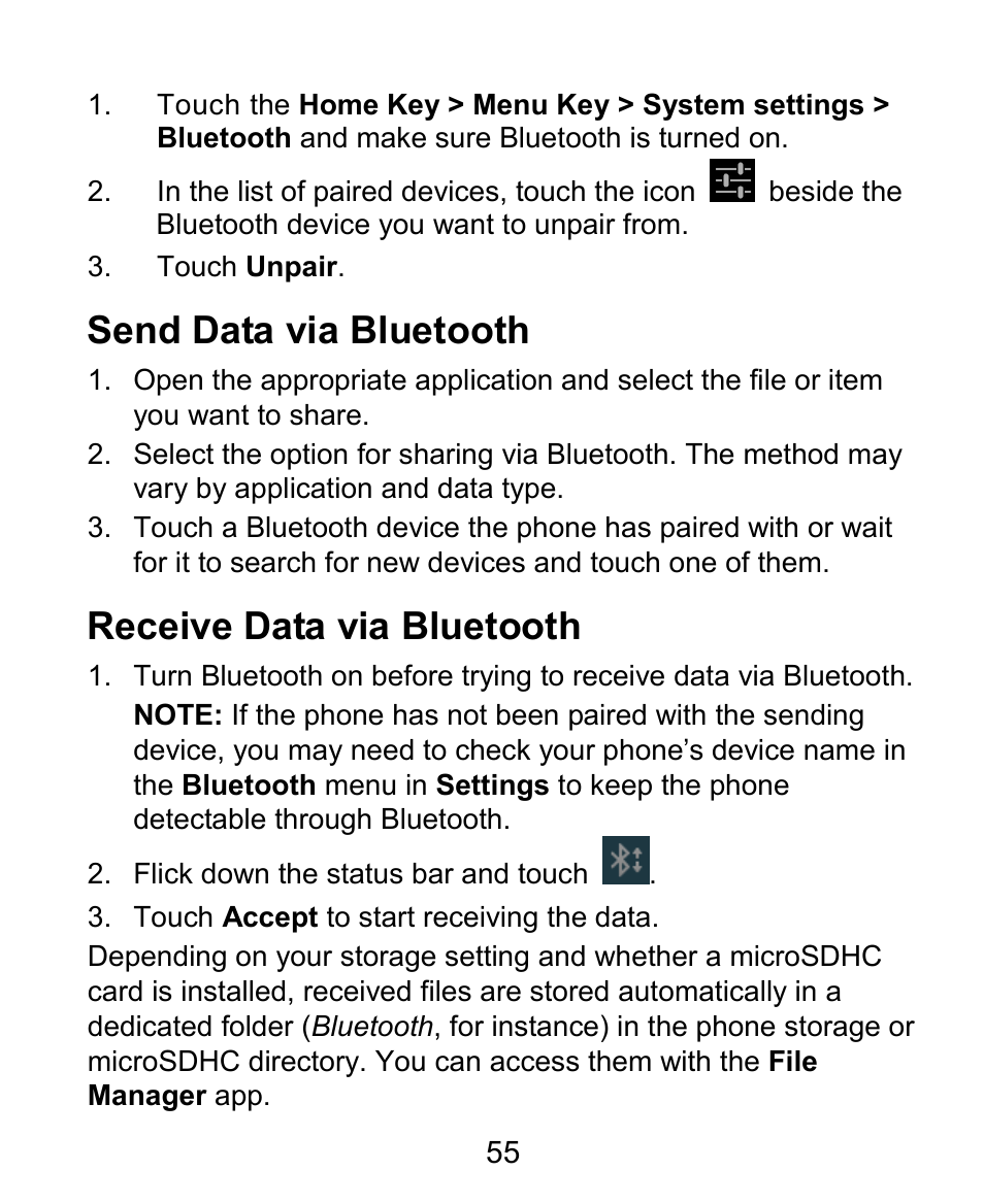 Send data via bluetooth, Receive data via bluetooth | ZTE Kis3 User Manual | Page 56 / 176