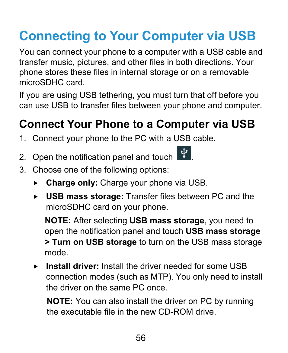 Connecting to your computer via usb, Connect your phone to a computer via usb | ZTE Kis3 User Manual | Page 57 / 176