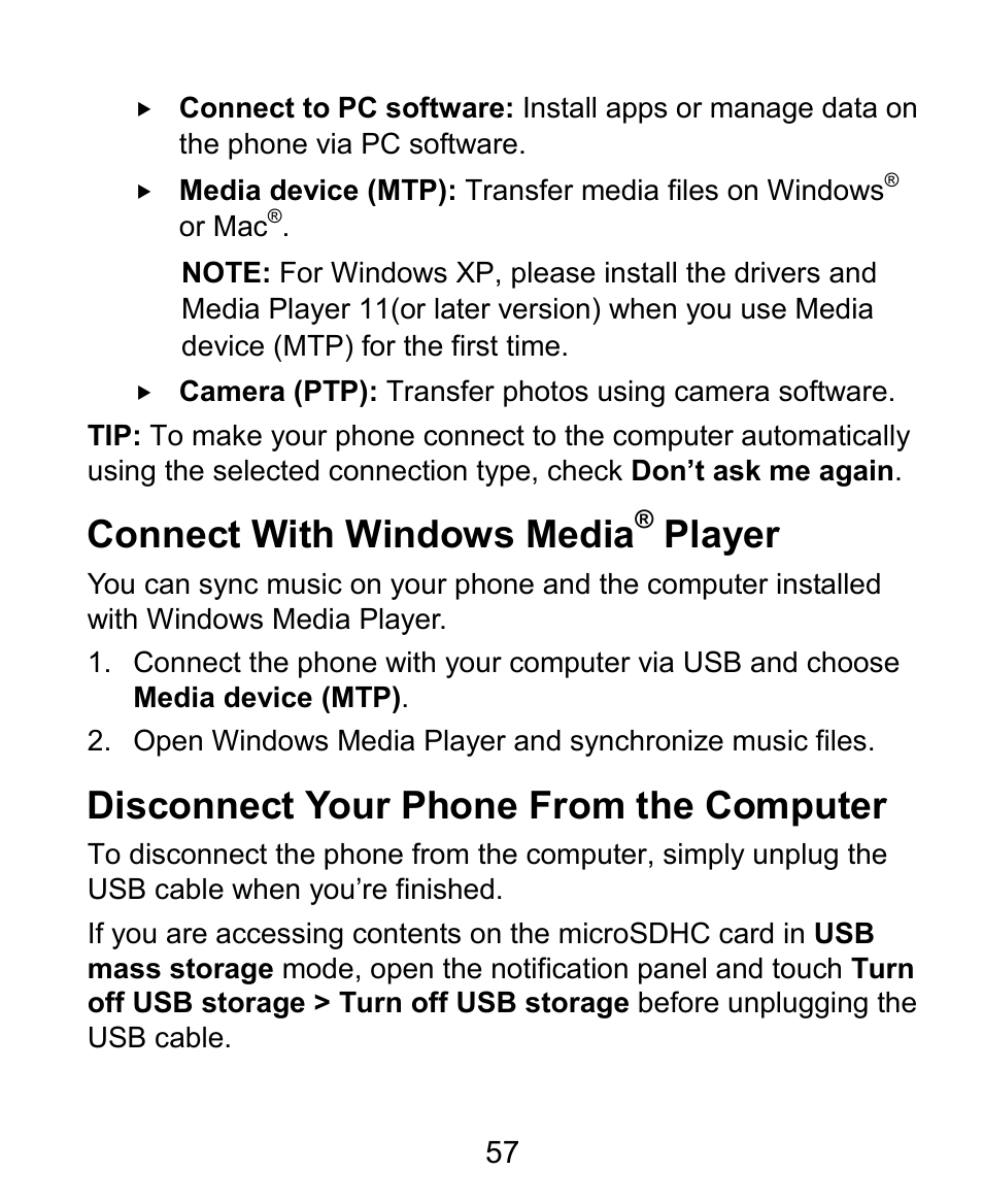 Connect with windows media, Player, Disconnect your phone from the computer | ZTE Kis3 User Manual | Page 58 / 176