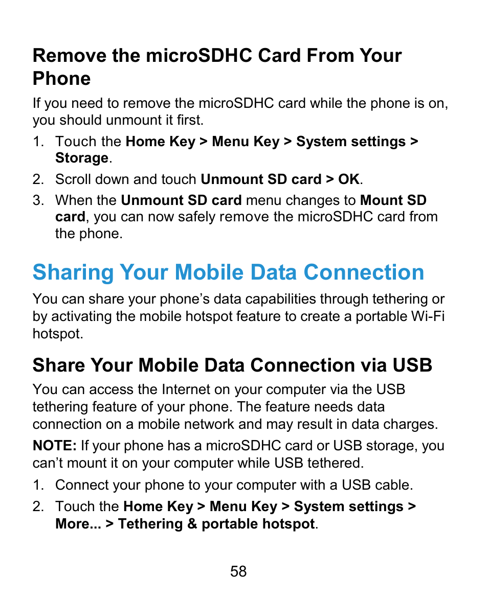 Sharing your mobile data connection, Remove the microsdhc card from your phone, Share your mobile data connection via usb | ZTE Kis3 User Manual | Page 59 / 176