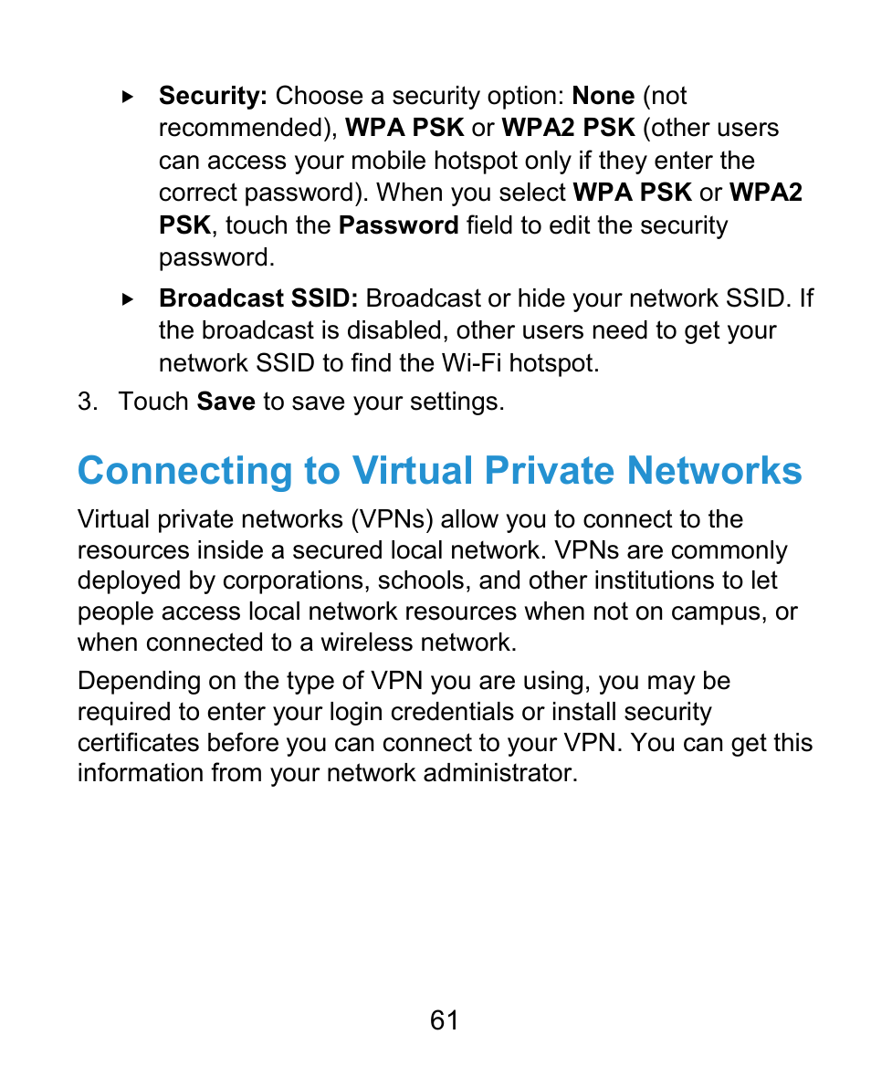 Connecting to virtual private networks | ZTE Kis3 User Manual | Page 62 / 176