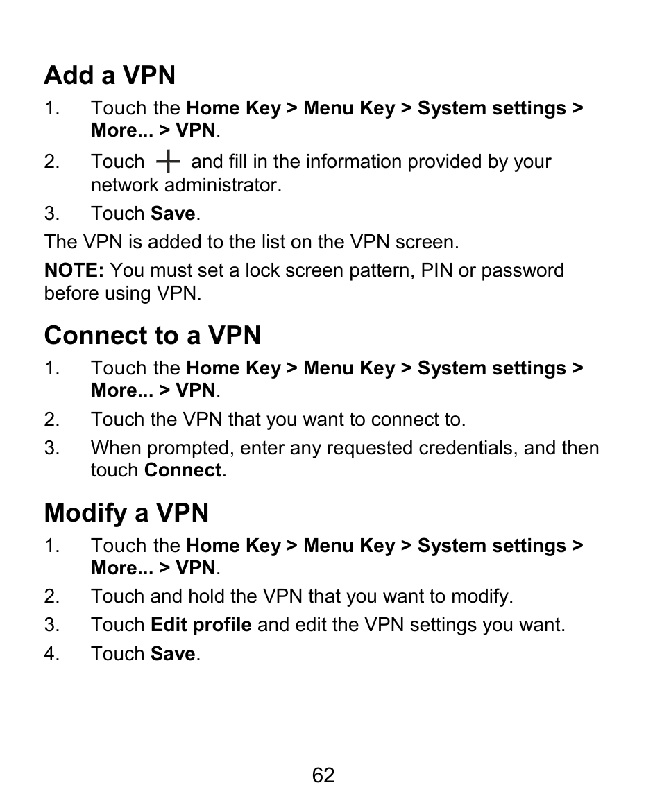 Add a vpn, Connect to a vpn, Modify a vpn | ZTE Kis3 User Manual | Page 63 / 176