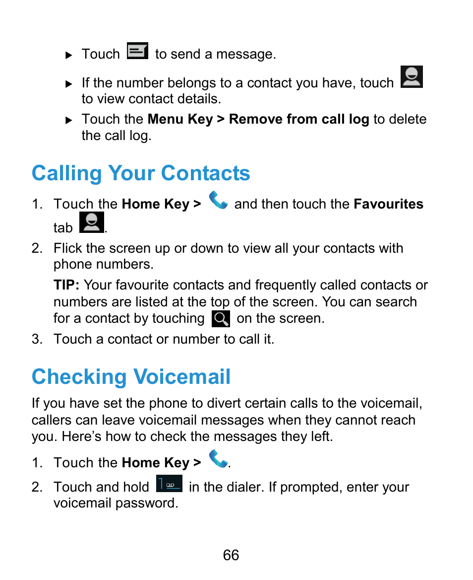Calling your contacts, Checking voicemail | ZTE Kis3 User Manual | Page 67 / 176