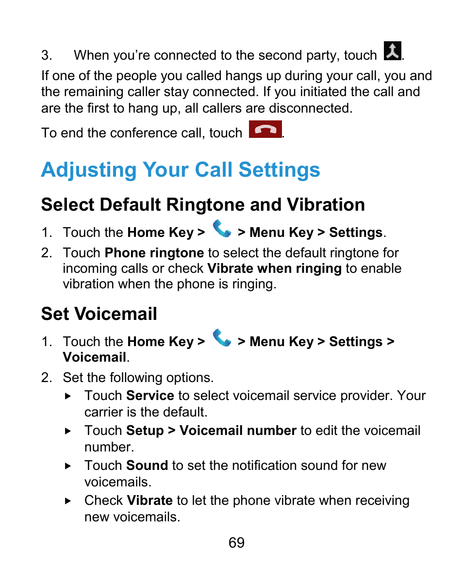 Adjusting your call settings, Select default ringtone and vibration, Set voicemail | ZTE Kis3 User Manual | Page 70 / 176