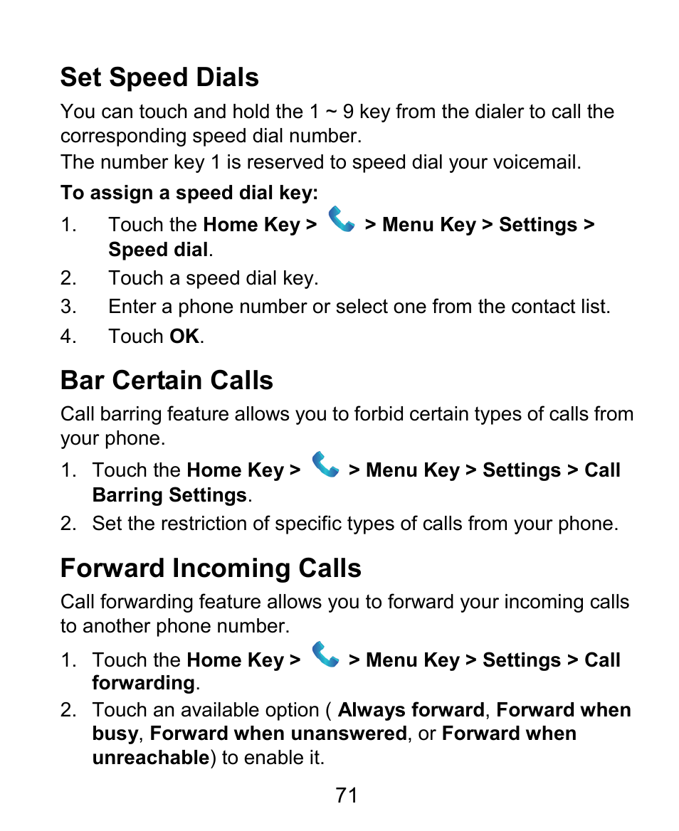 Set speed dials, Bar certain calls, Forward incoming calls | ZTE Kis3 User Manual | Page 72 / 176