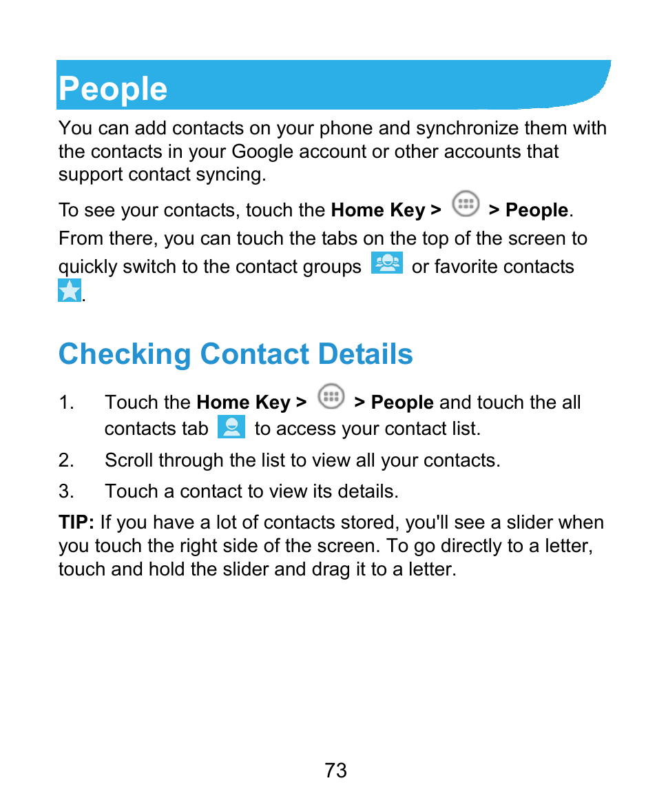 People, Checking contact details | ZTE Kis3 User Manual | Page 74 / 176