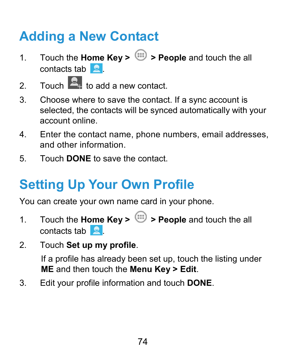 People – setting up your own profile, Adding a new contact, Setting up your own profile | ZTE Kis3 User Manual | Page 75 / 176