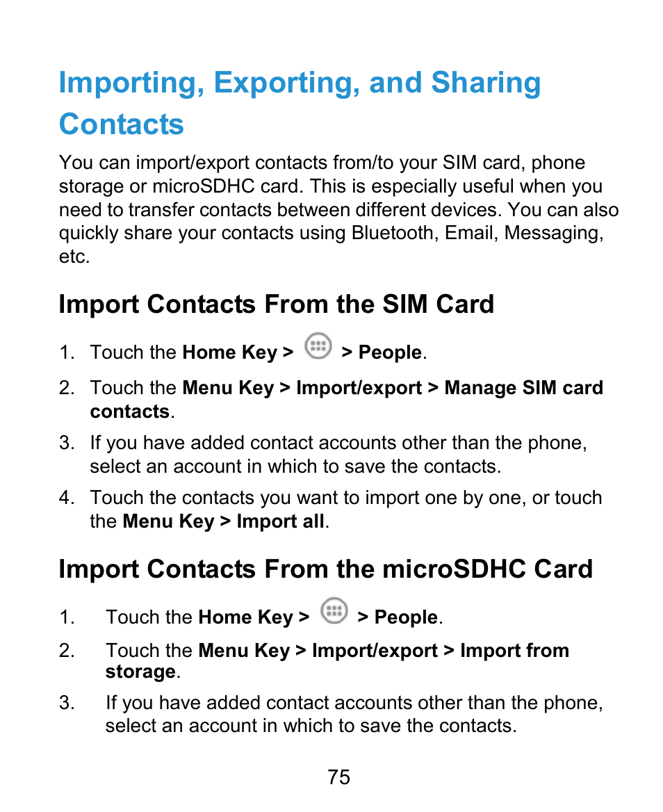 Importing, exporting, and sharing contacts, Import contacts from the sim card, Import contacts from the microsdhc card | ZTE Kis3 User Manual | Page 76 / 176