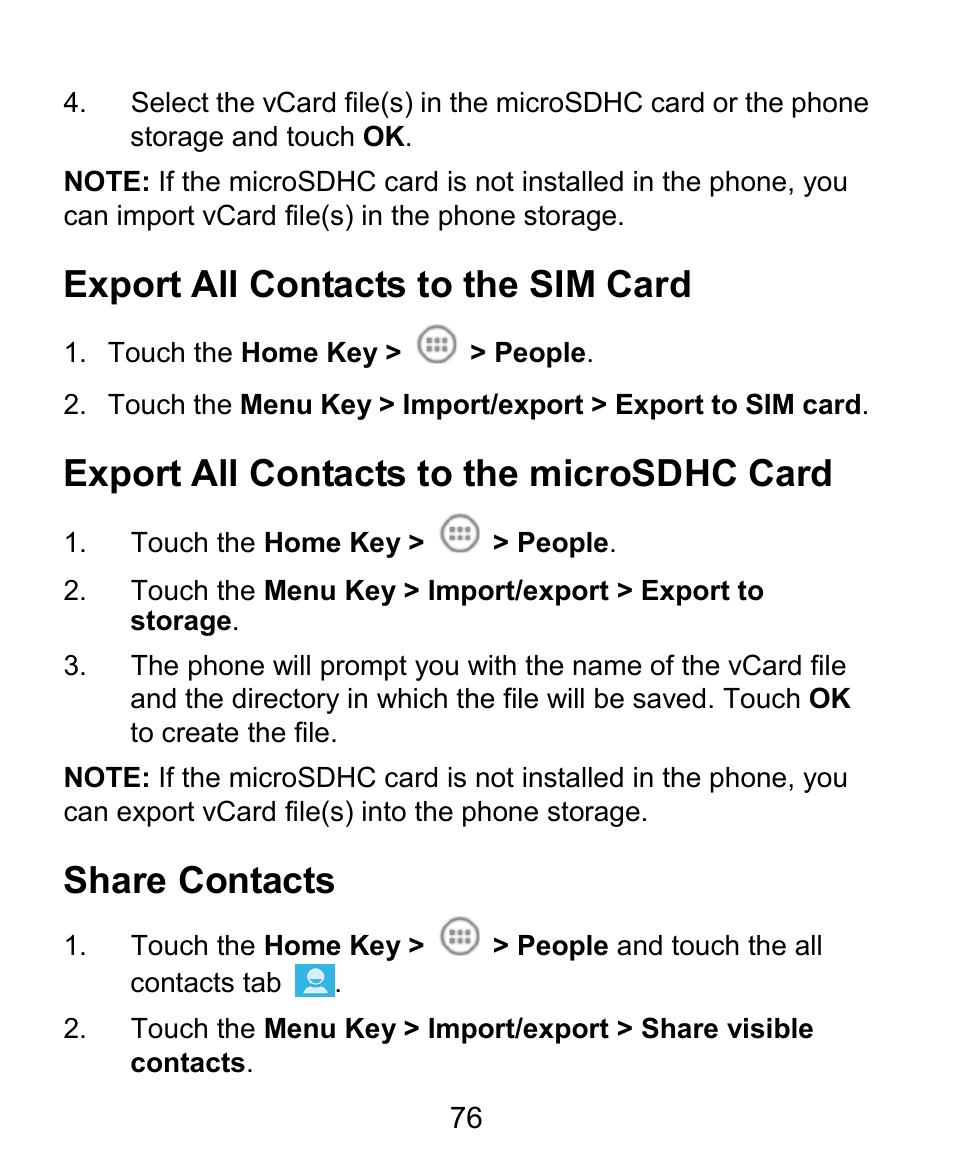 Export all contacts to the sim card, Export all contacts to the microsdhc card, Share contacts | ZTE Kis3 User Manual | Page 77 / 176