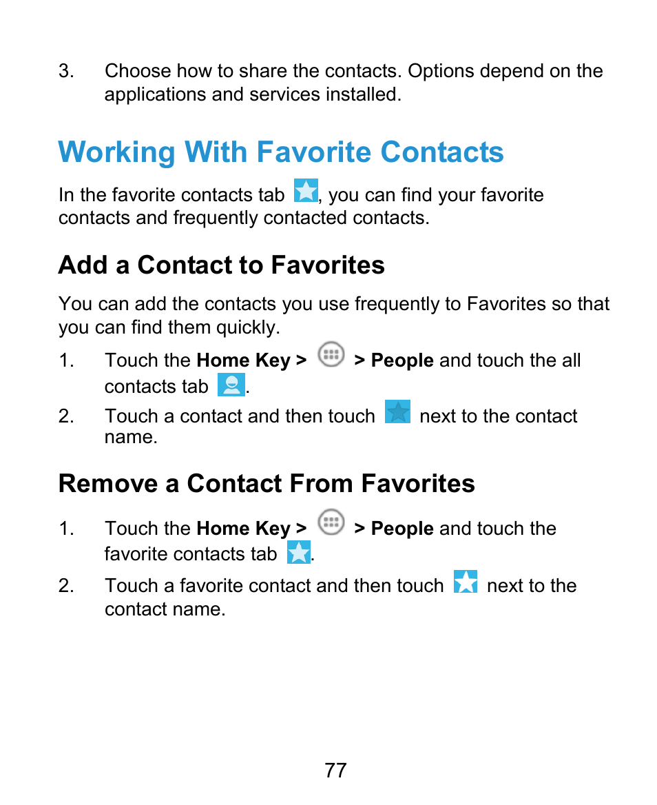 Working with favorite contacts, Add a contact to favorites, Remove a contact from favorites | ZTE Kis3 User Manual | Page 78 / 176