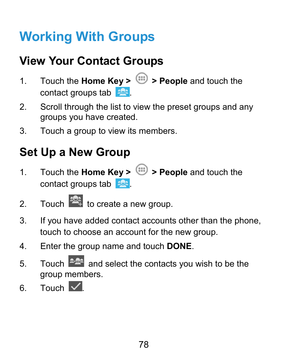 Working with groups, View your contact groups, Set up a new group | ZTE Kis3 User Manual | Page 79 / 176