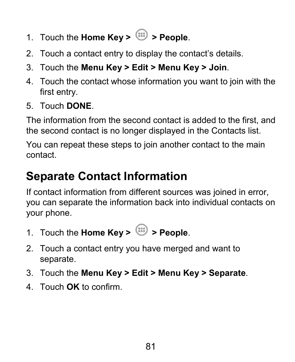 Separate contact information | ZTE Kis3 User Manual | Page 82 / 176