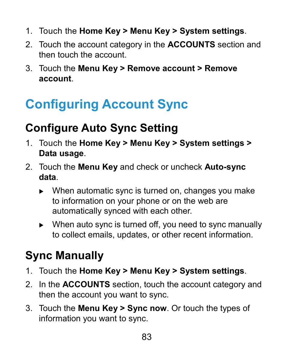 Configuring account sync, Configure auto sync setting, Sync manually | ZTE Kis3 User Manual | Page 84 / 176
