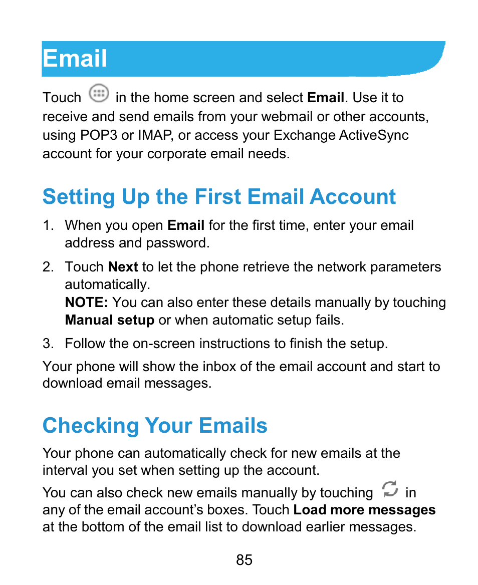 Email, Setting up the first email account, Checking your emails | ZTE Kis3 User Manual | Page 86 / 176