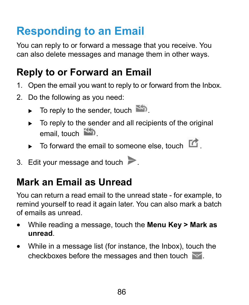 Responding to an email, Reply to or forward an email, Mark an email as unread | ZTE Kis3 User Manual | Page 87 / 176