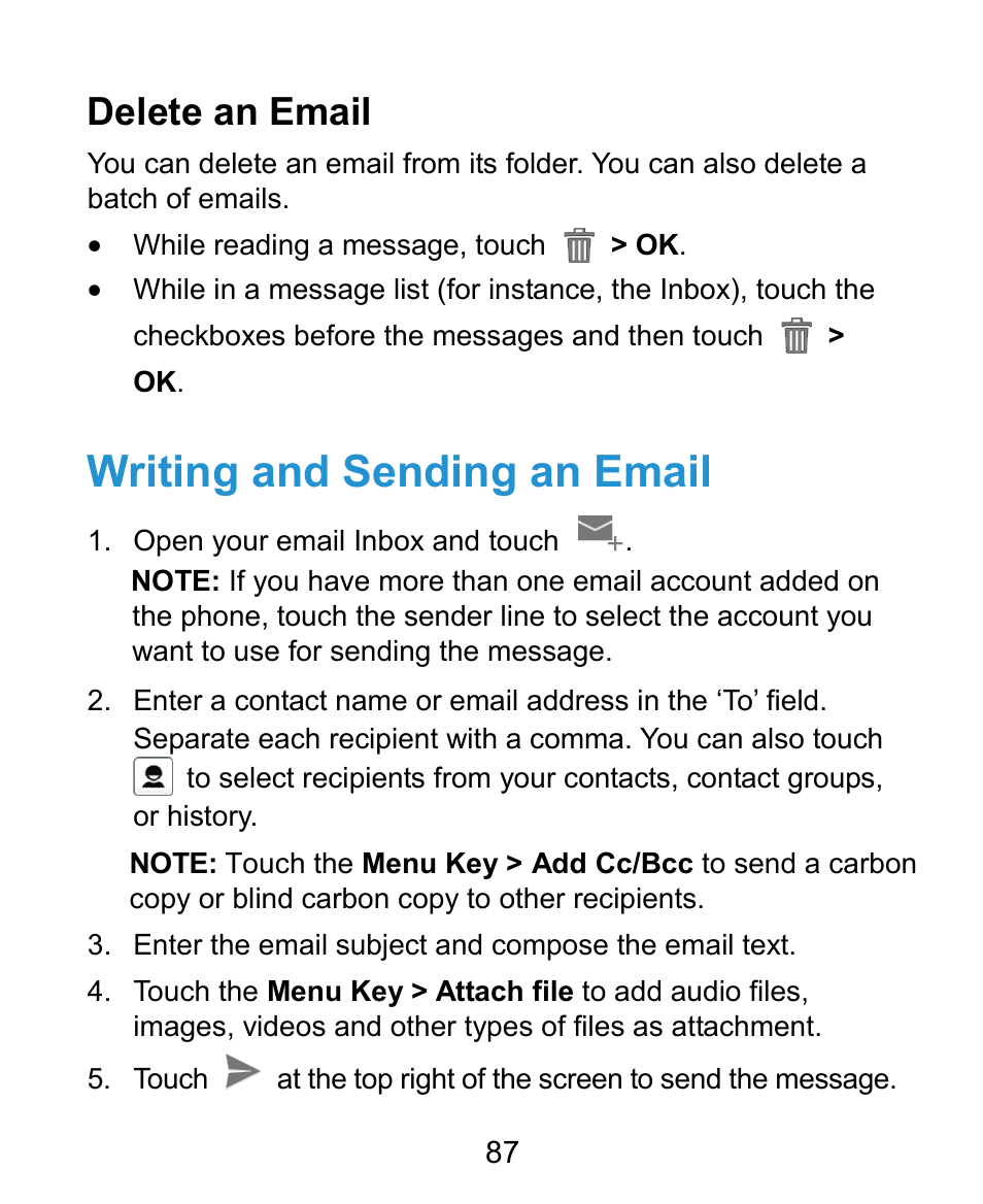 Writing and sending an email, Delete an email | ZTE Kis3 User Manual | Page 88 / 176