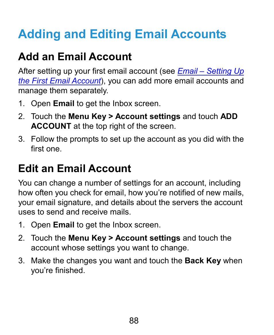 Adding and editing email accounts, Add an email account, Edit an email account | ZTE Kis3 User Manual | Page 89 / 176