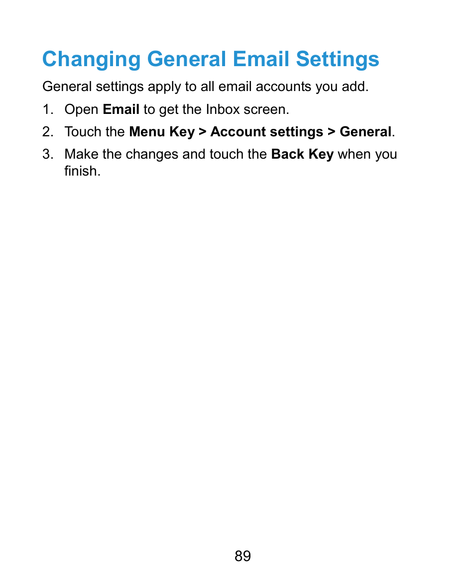 Changing general email settings | ZTE Kis3 User Manual | Page 90 / 176