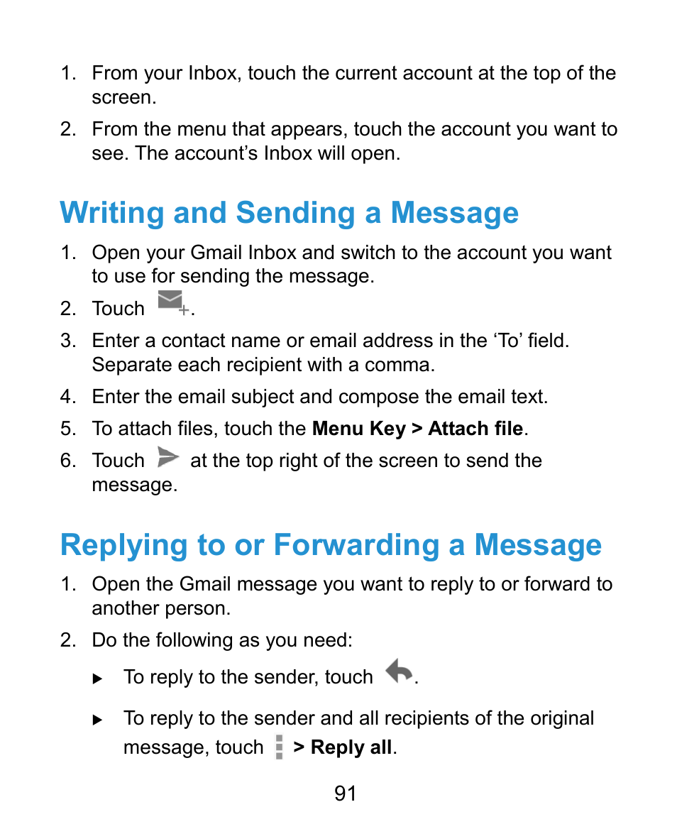 Writing and sending a message, Replying to or forwarding a message | ZTE Kis3 User Manual | Page 92 / 176