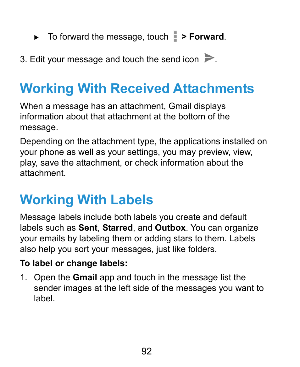 Working with received attachments, Working with labels | ZTE Kis3 User Manual | Page 93 / 176