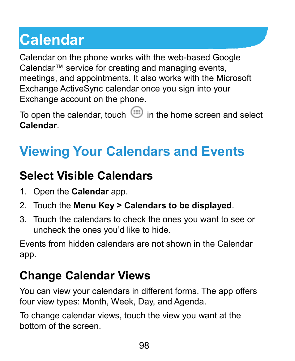 Calendar, Viewing your calendars and events, Select visible calendars | Change calendar views | ZTE Kis3 User Manual | Page 99 / 176