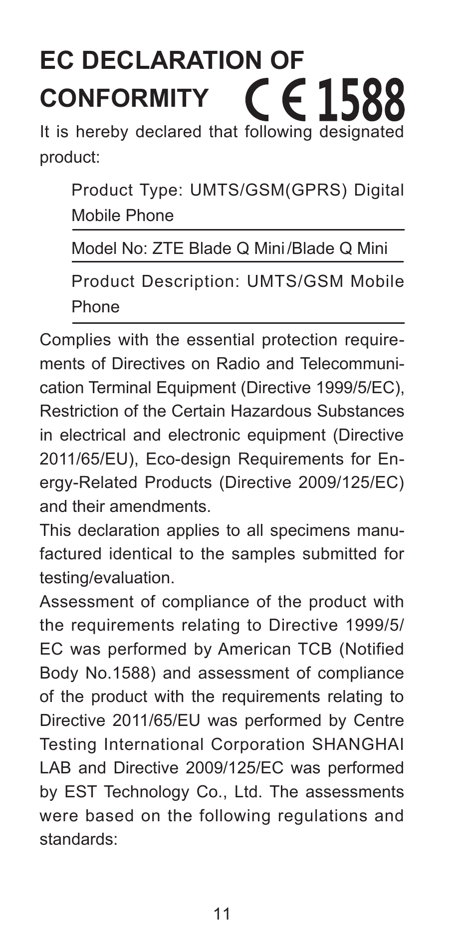 Zte blade q mini quick start guide (17国)-1031 12, Ec declaration of conformity | ZTE Blade Q Mini User Manual | Page 11 / 13