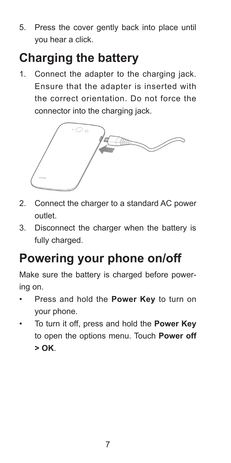 Zte blade q mini quick start guide (17国)-1031 8, Charging the battery, Powering your phone on/off | ZTE Blade Q Mini User Manual | Page 7 / 13