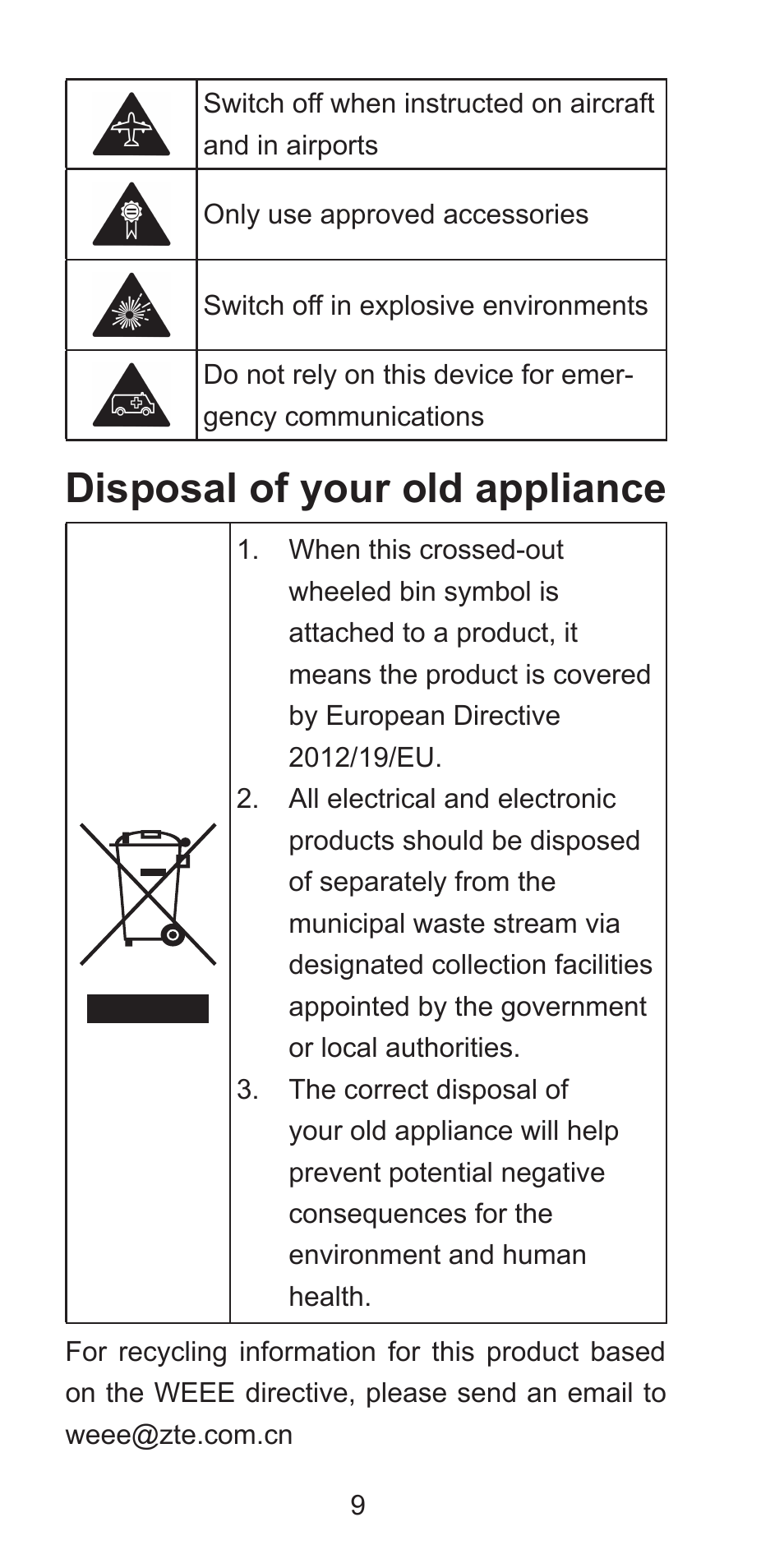 Zte blade q mini quick start guide (17国)-1031 10, Disposal of your old appliance | ZTE Blade Q Mini User Manual | Page 9 / 13