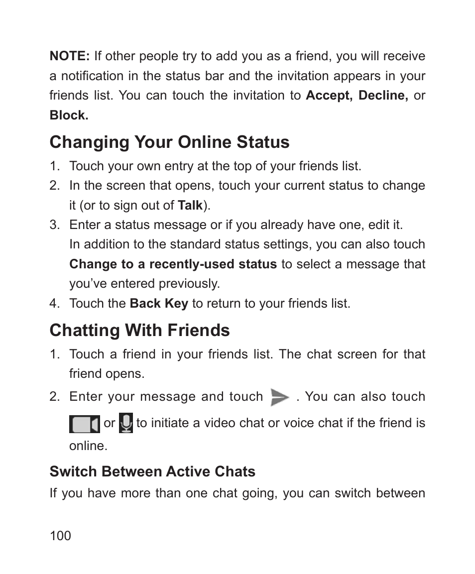 Changing your online status, Chatting with friends, Changing your online status chatting with friends | ZTE Blade 3 User Manual | Page 100 / 179